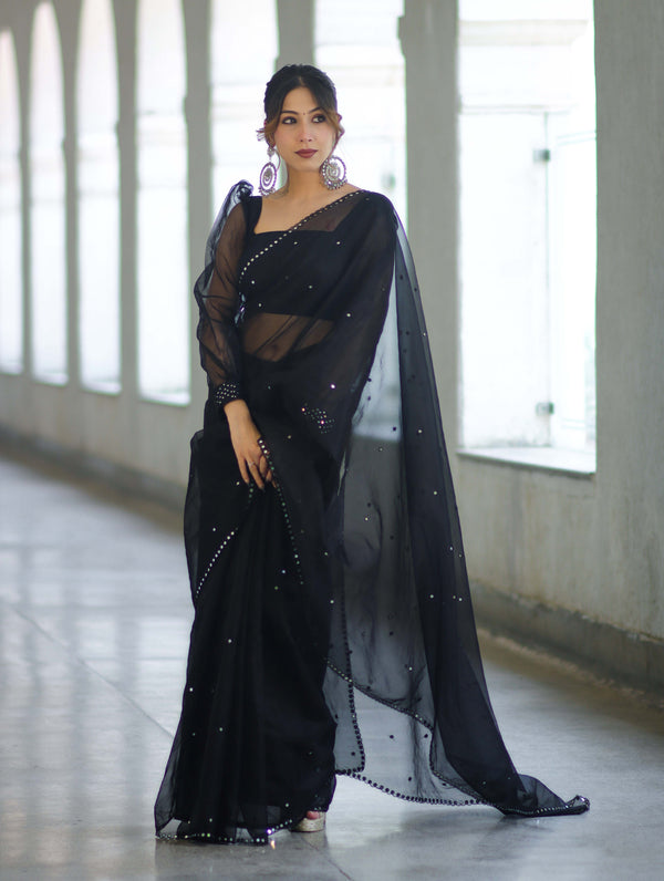 Banarasee Handwoven Organza Mix Saree With Mirror Work-Black