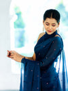 Banarasee Handwoven Dual Shaded Chiffon Saree With Mirror Work-Blue