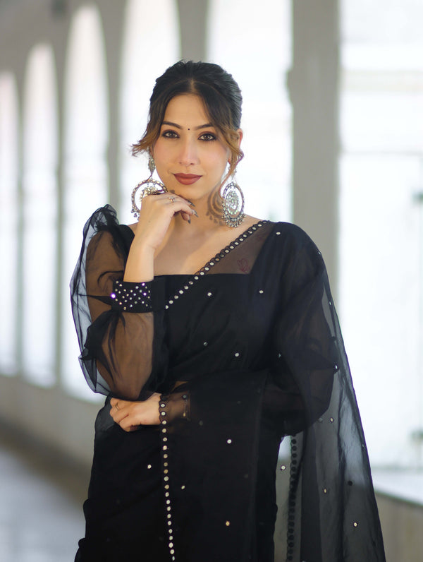 Banarasee Handwoven Organza Mix Saree With Mirror Work-Black