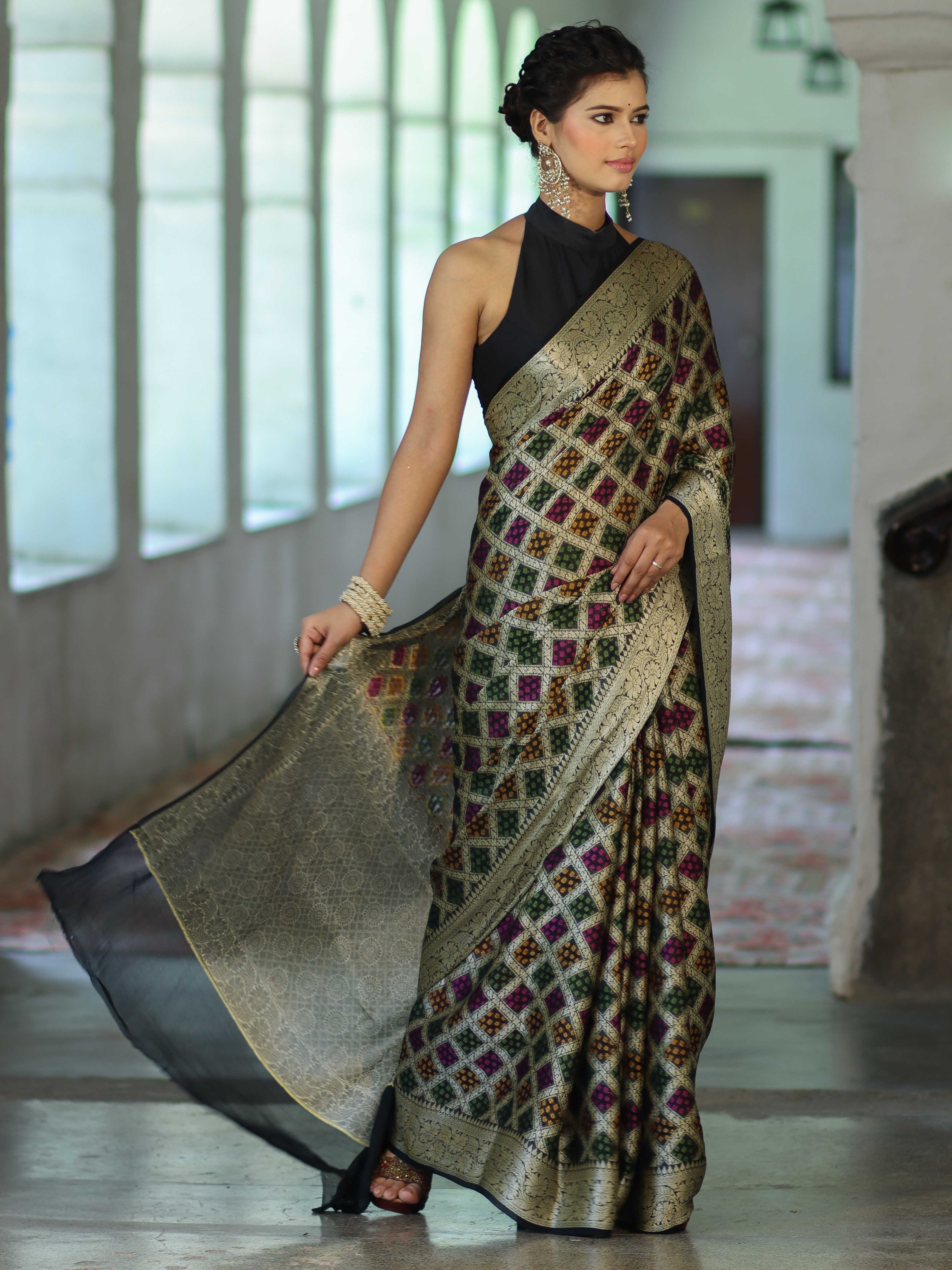 Banarasee Pure Chiffon Saree With Gold Zari & Resham Jaal Work-Multicolor