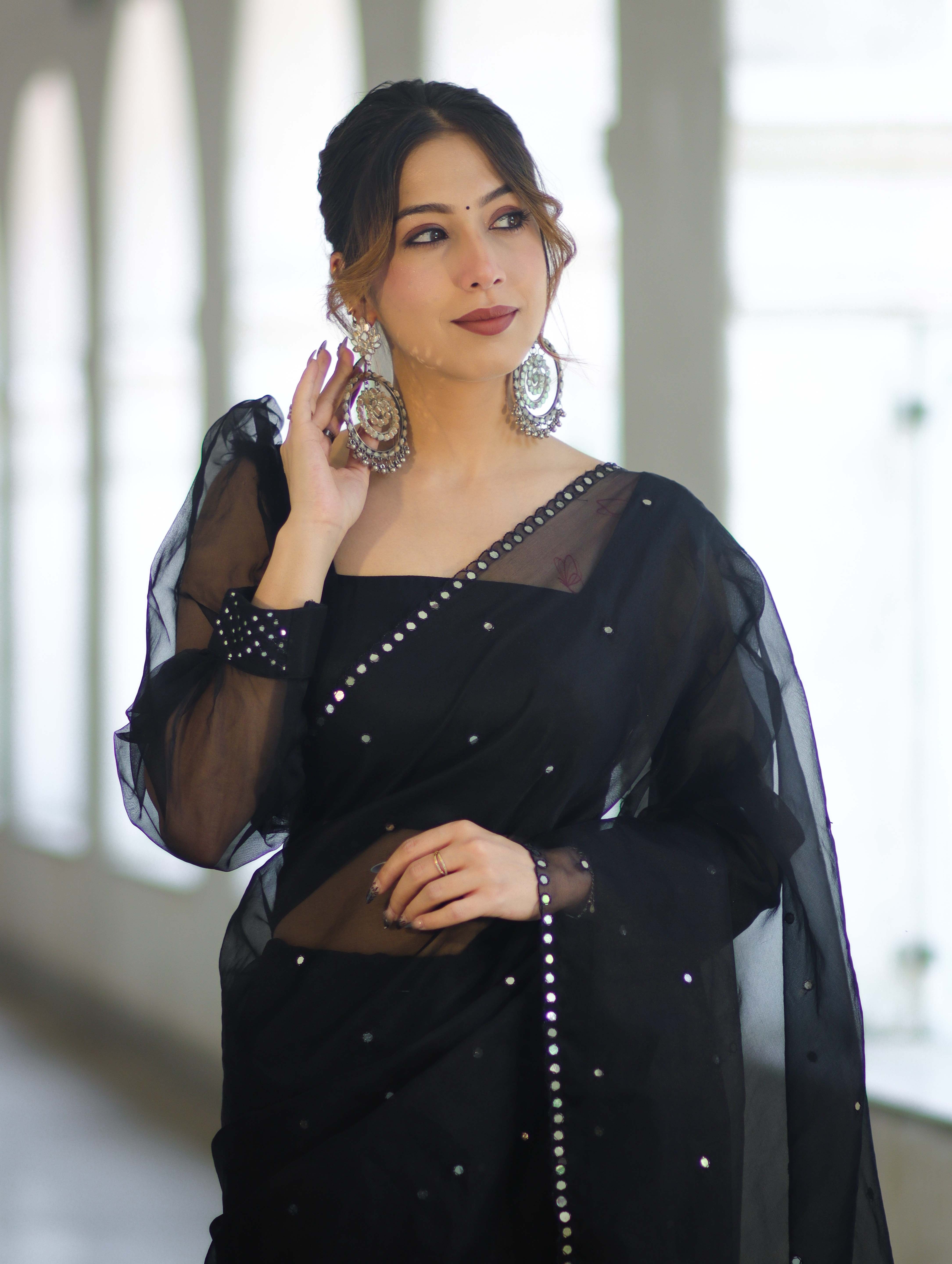 Banarasee Handwoven Organza Mix Saree With Mirror Work-Black