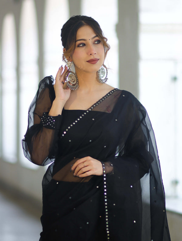 Banarasee Handwoven Organza Mix Saree With Mirror Work-Black