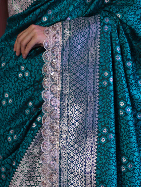 Banarasee Handloom Mashru Silk Saree With Tanchoi Work & Lace Border-Deep Green