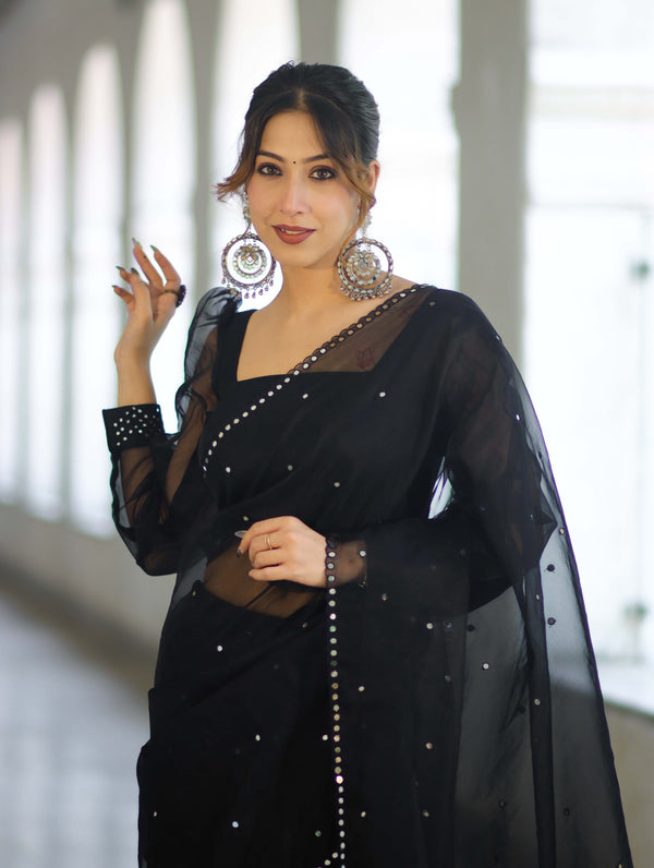 Banarasee Handwoven Organza Mix Saree With Mirror Work-Black