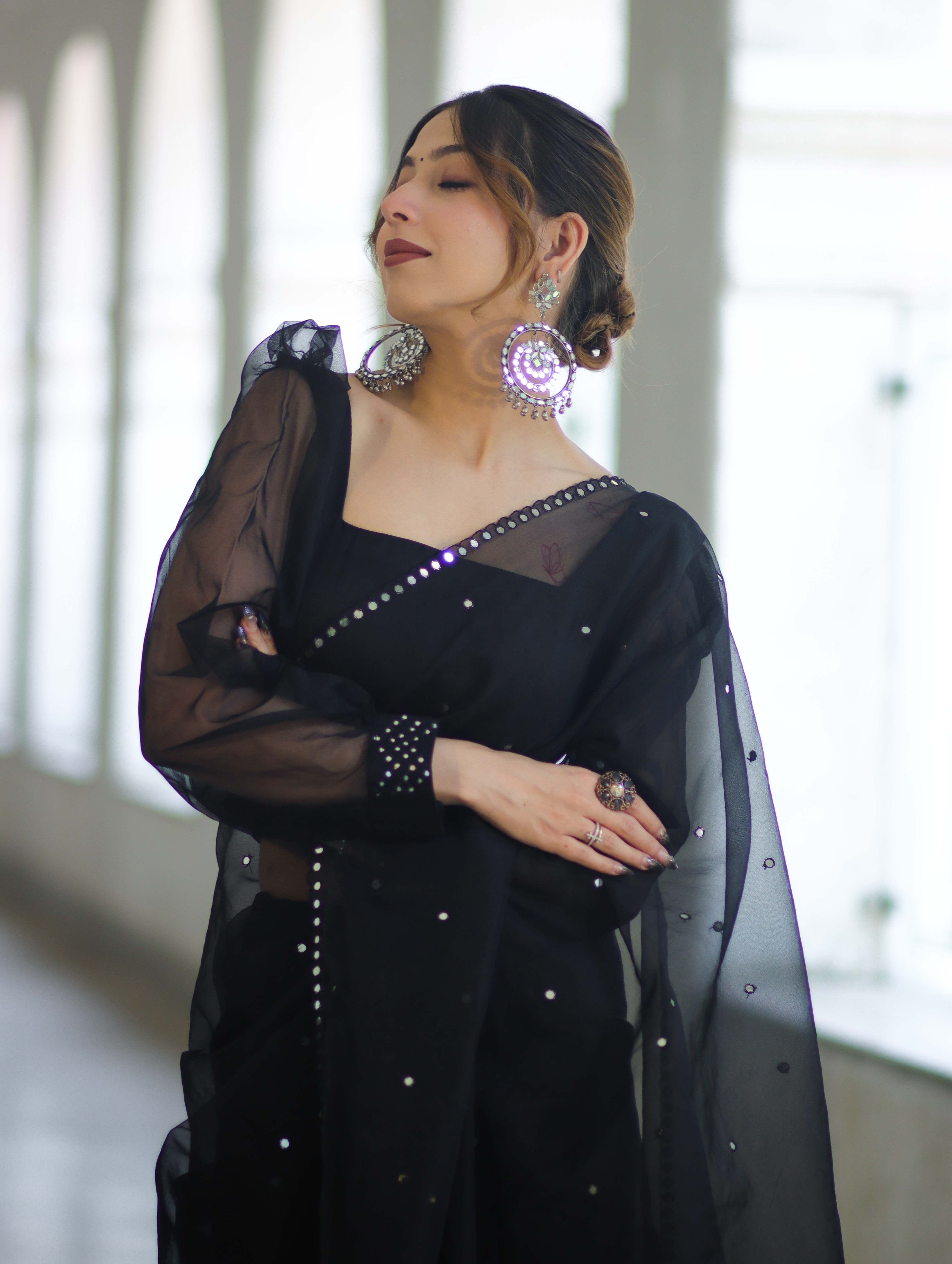 Banarasee Handwoven Organza Mix Saree With Mirror Work-Black