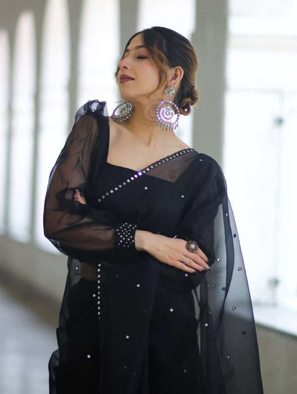 Banarasee Handwoven Organza Mix Saree With Mirror Work-Black