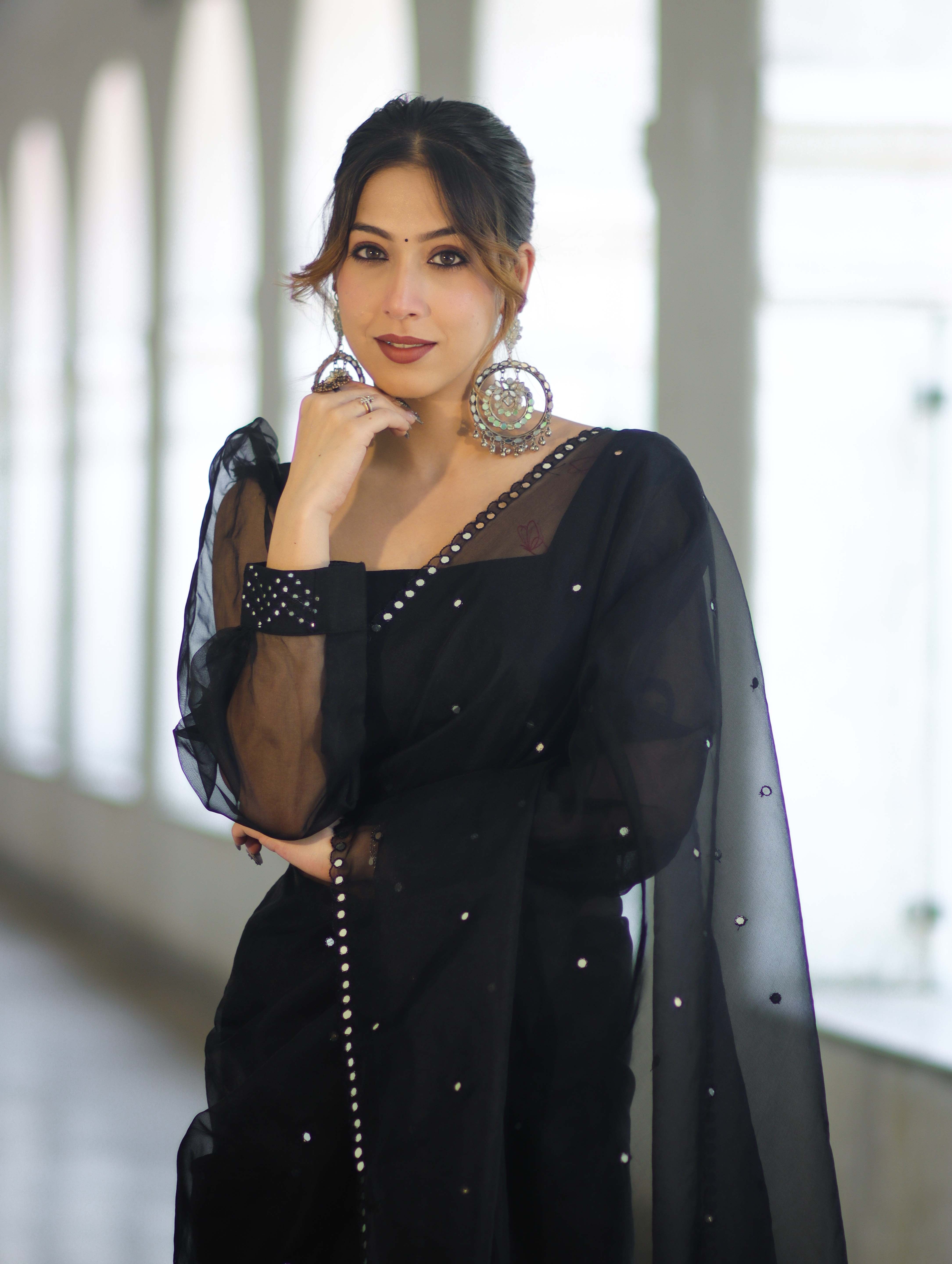 Banarasee Handwoven Organza Mix Saree With Mirror Work-Black