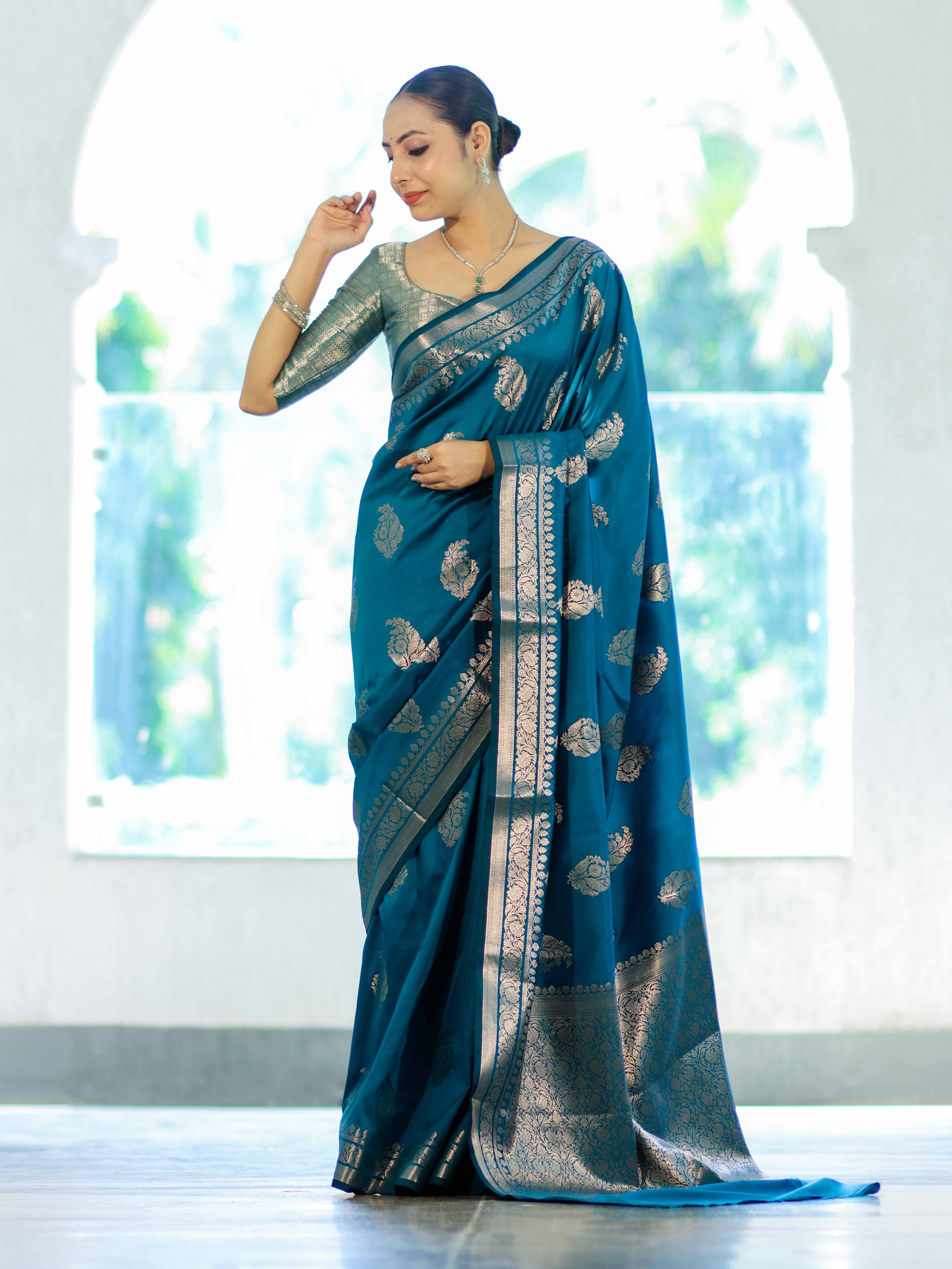 Banarasee Handloom Semi Silk Saree With Zari Buta Work & Border-Turquoise Blue