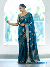 Banarasee Handloom Semi Silk Saree With Zari Buta Work & Border-Turquoise Blue