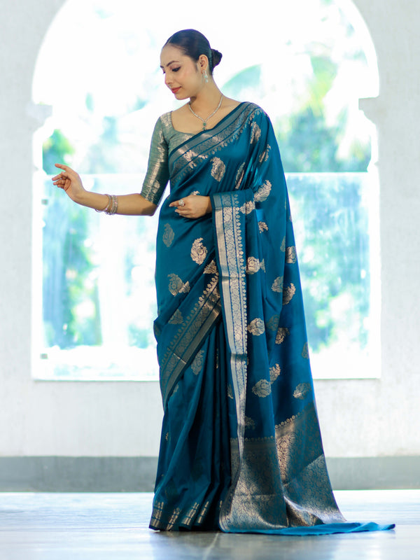 Banarasee Handloom Semi Silk Saree With Zari Buta Work & Border-Turquoise Blue