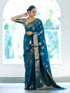 Banarasee Handloom Semi Silk Saree With Zari Buta Work & Border-Turquoise Blue