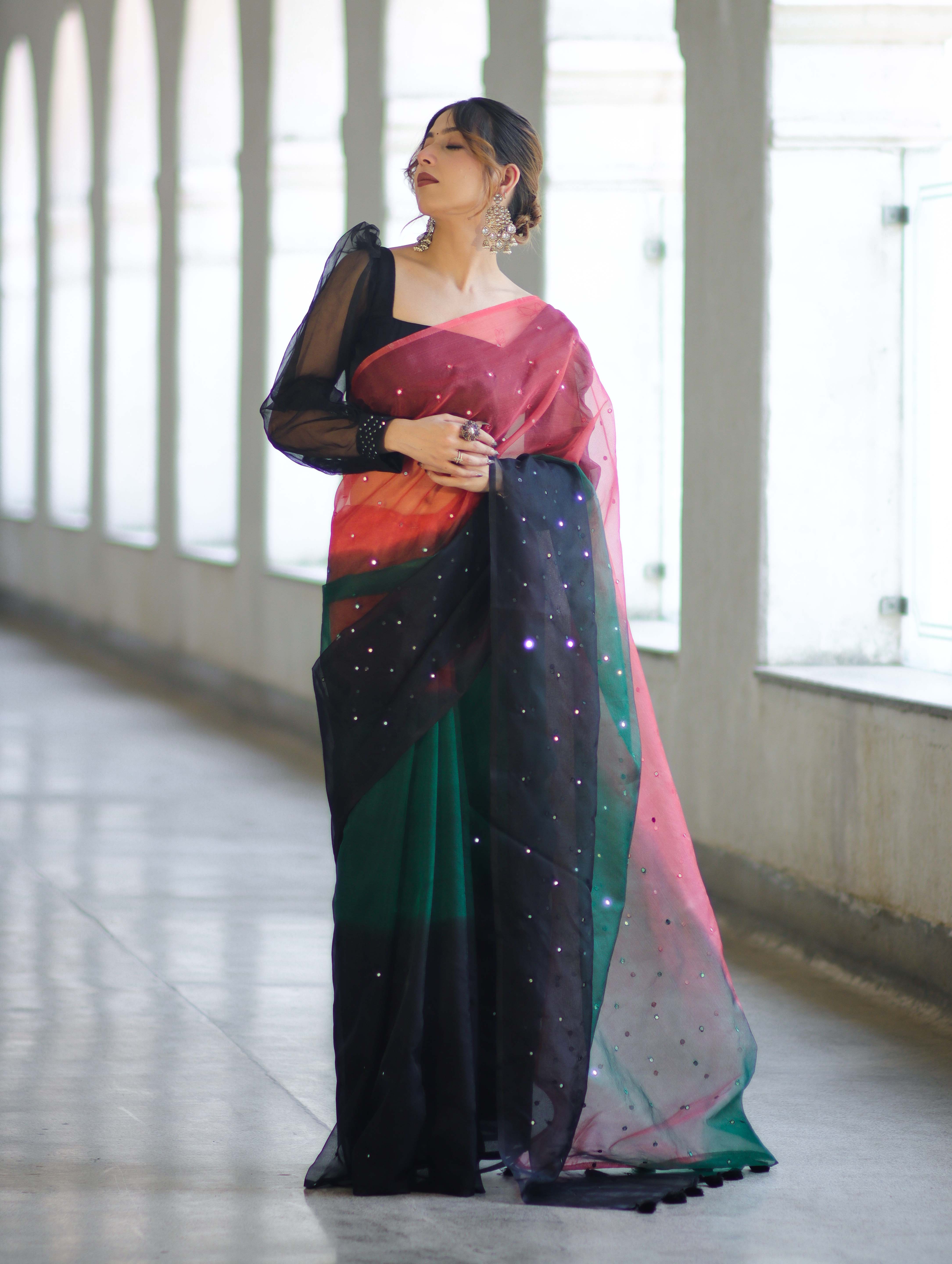 Banarasee Handwoven Organza Mix Saree With Mirror Work-Multicolor