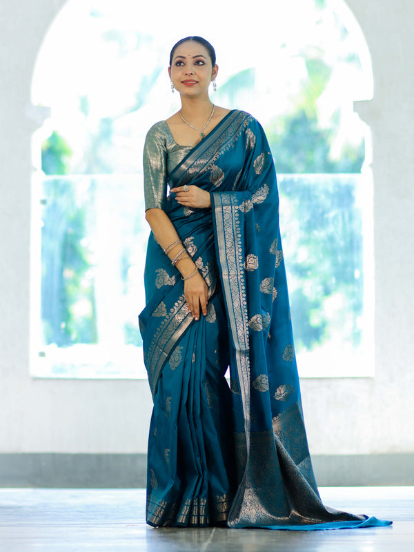 Banarasee Handloom Semi Silk Saree With Zari Buta Work & Border-Turquoise Blue