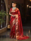 Banarasee Handwoven Plain Tissue Saree With Zari Border & Lace-Red