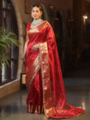 Banarasee Handwoven Plain Tissue Saree With Zari Border & Lace-Red
