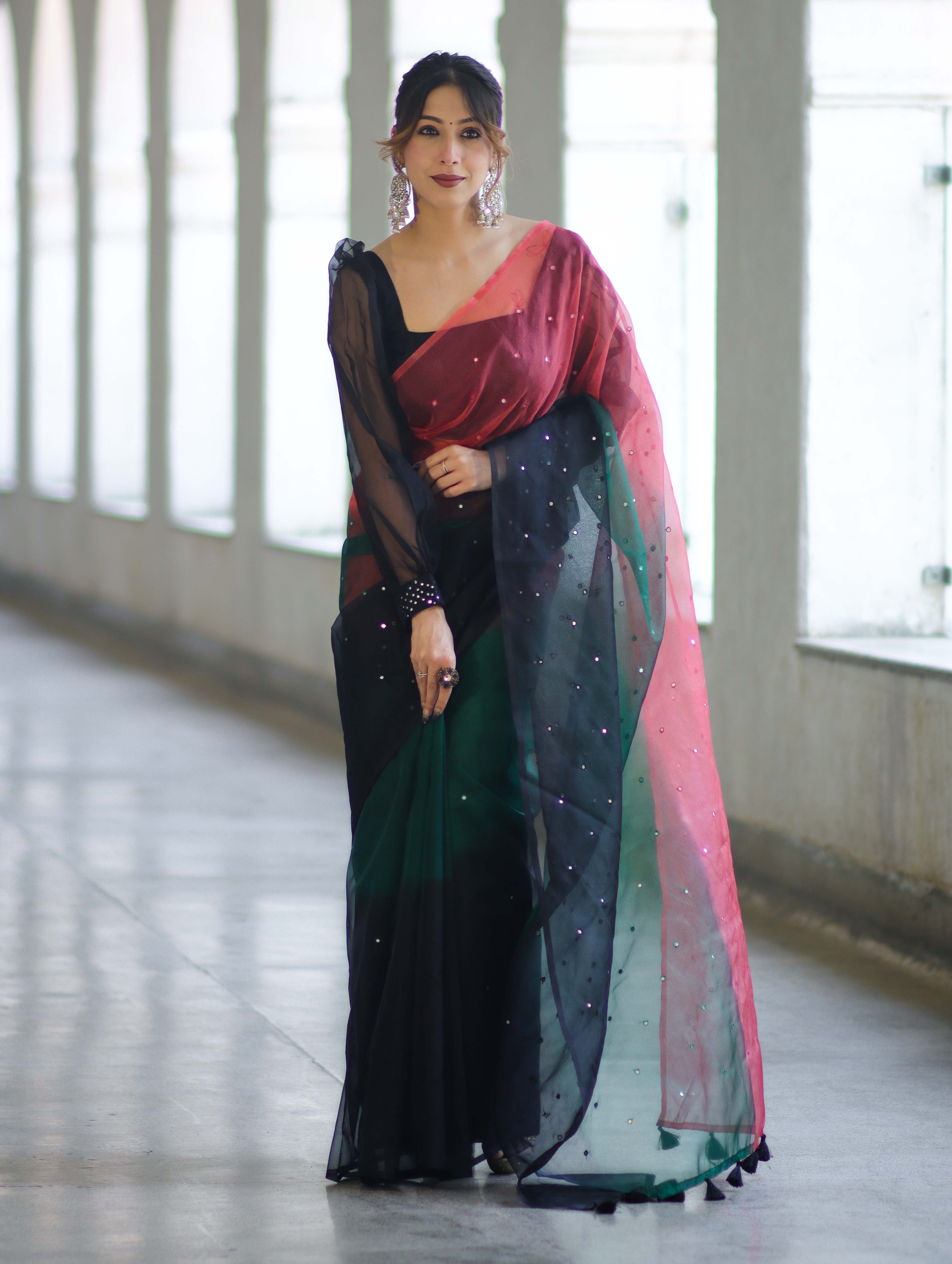Banarasee Handwoven Organza Mix Saree With Mirror Work-Multicolor