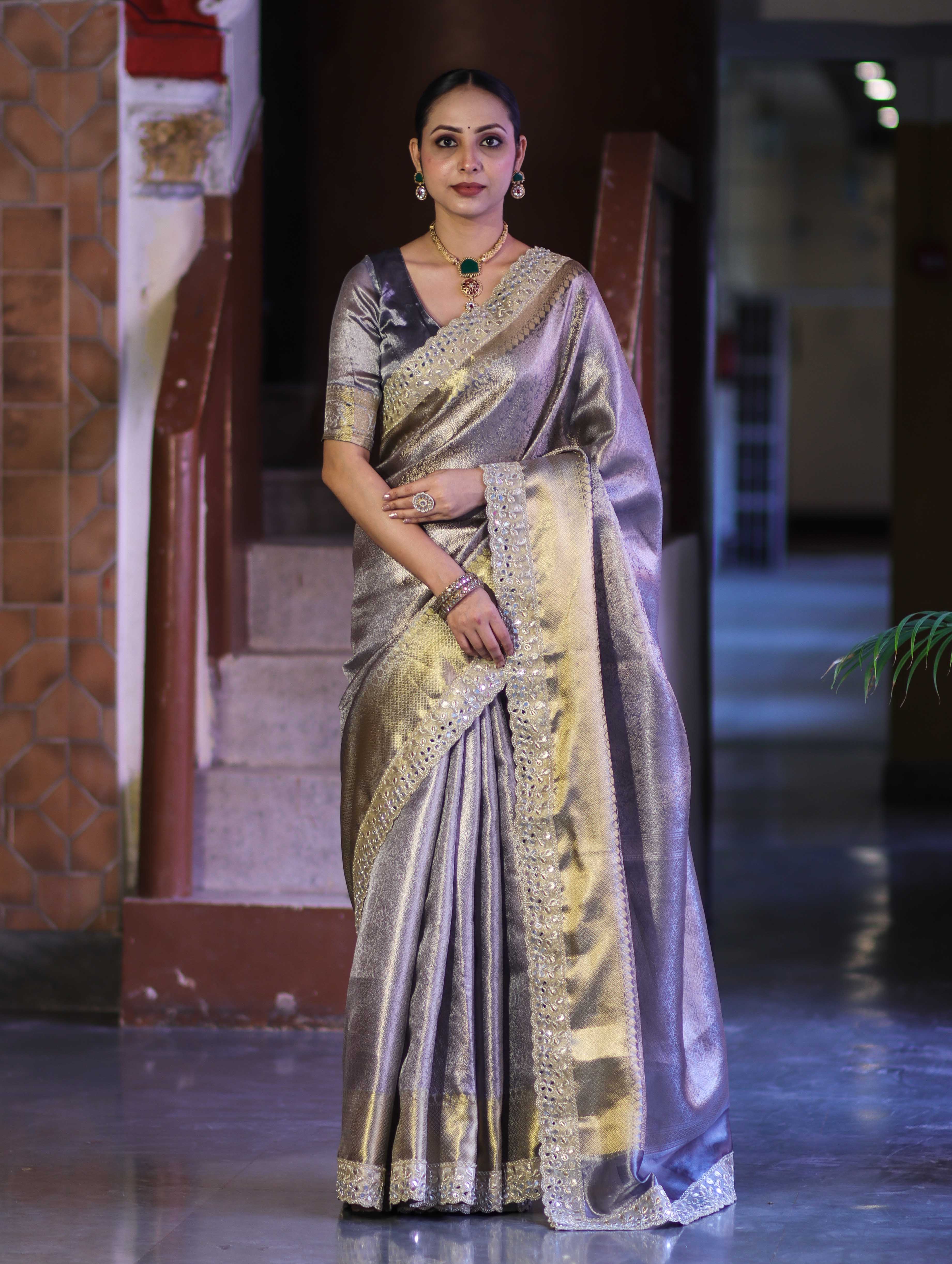 Banarasee Handloom Tissue Saree With Zari Woven Design & Contrast Lace Border-Grey (Silver Tone)