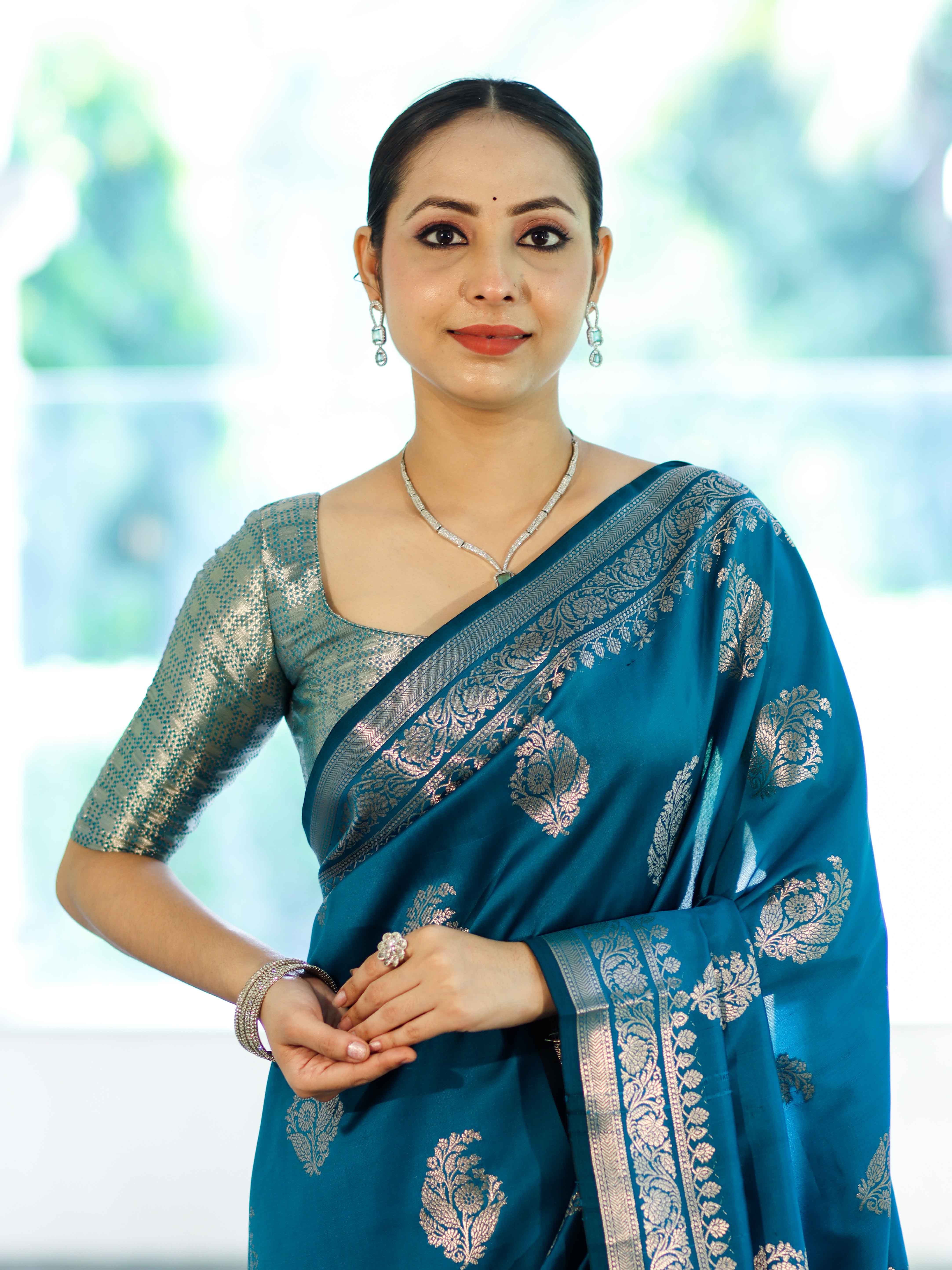 Banarasee Handloom Semi Silk Saree With Zari Buta Work & Border-Turquoise Blue