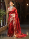 Banarasee Handwoven Plain Tissue Saree With Zari Border & Lace-Red