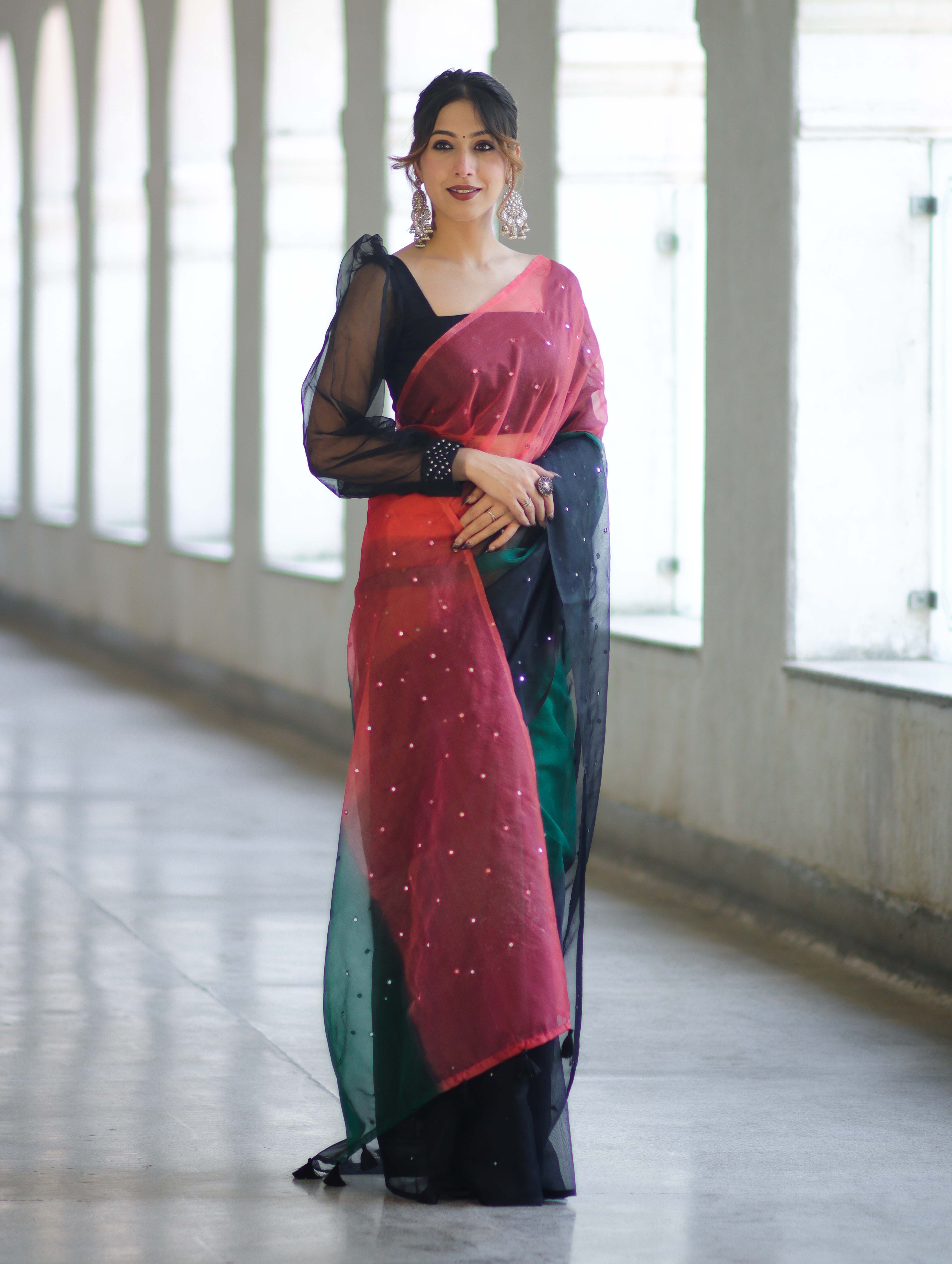 Banarasee Handwoven Organza Mix Saree With Mirror Work-Multicolor