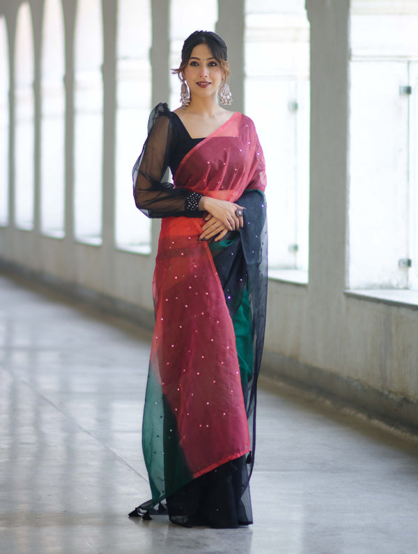 Banarasee Handwoven Organza Mix Saree With Mirror Work-Multicolor