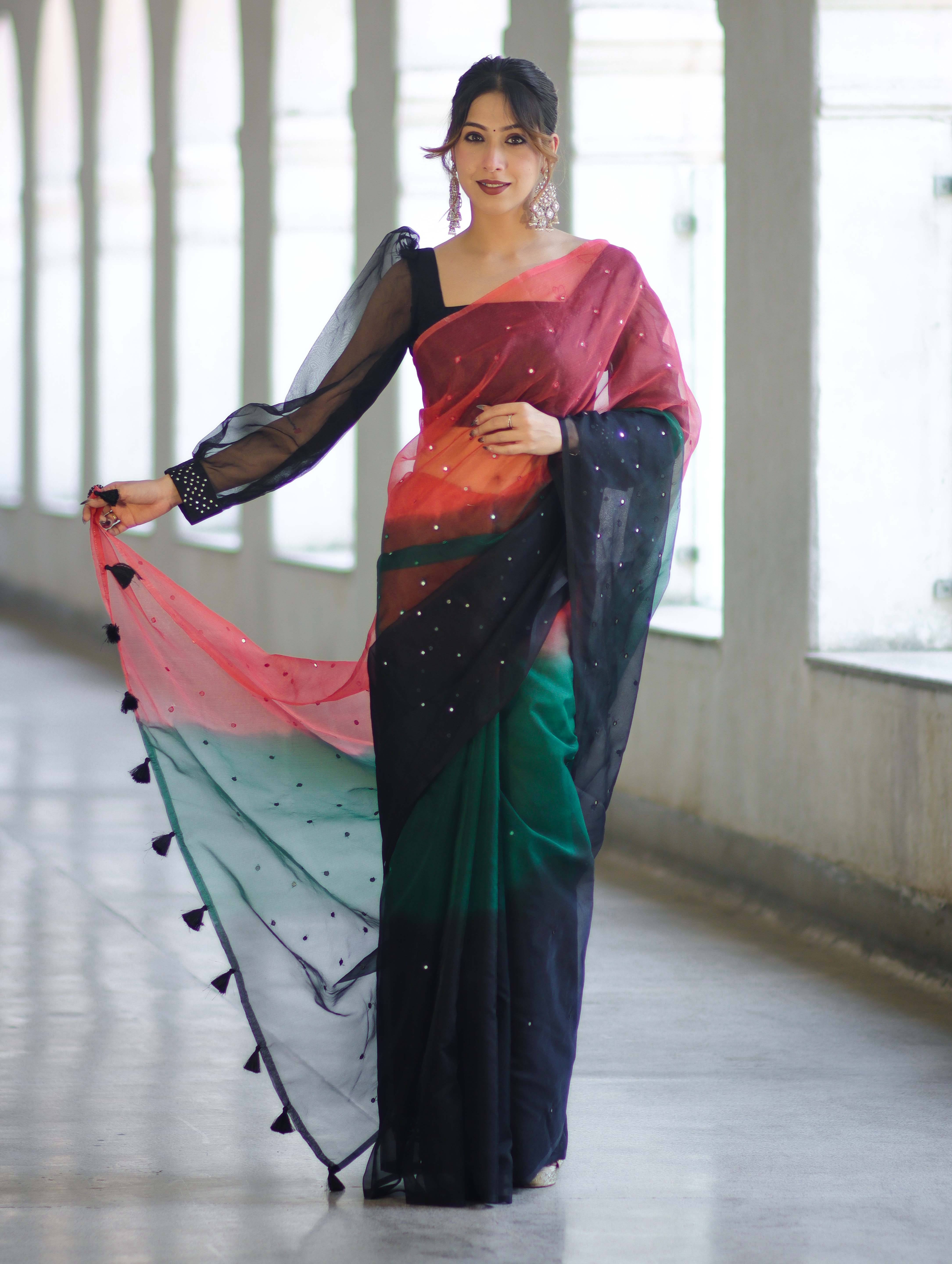 Banarasee Handwoven Organza Mix Saree With Mirror Work-Multicolor