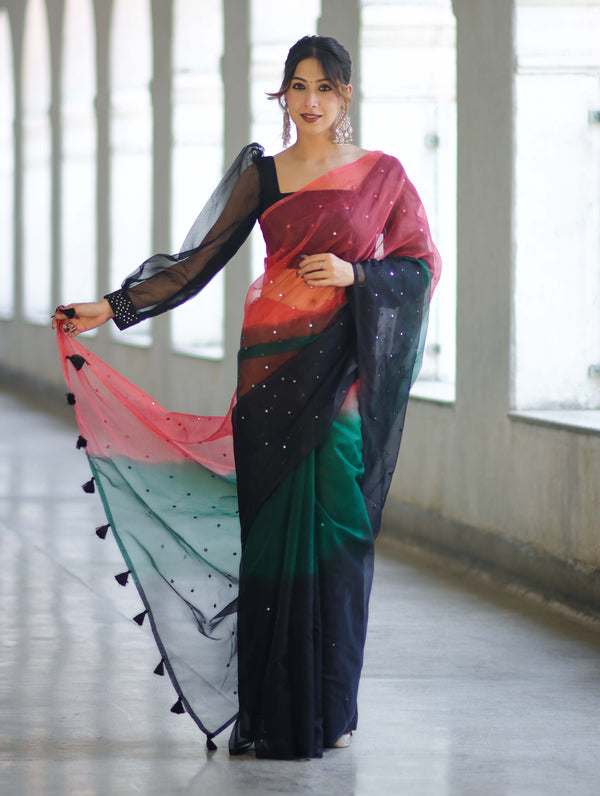 Banarasee Handwoven Organza Mix Saree With Mirror Work-Multicolor