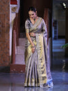 Banarasee Handloom Tissue Saree With Zari Woven Design & Contrast Lace Border-Grey (Silver Tone)