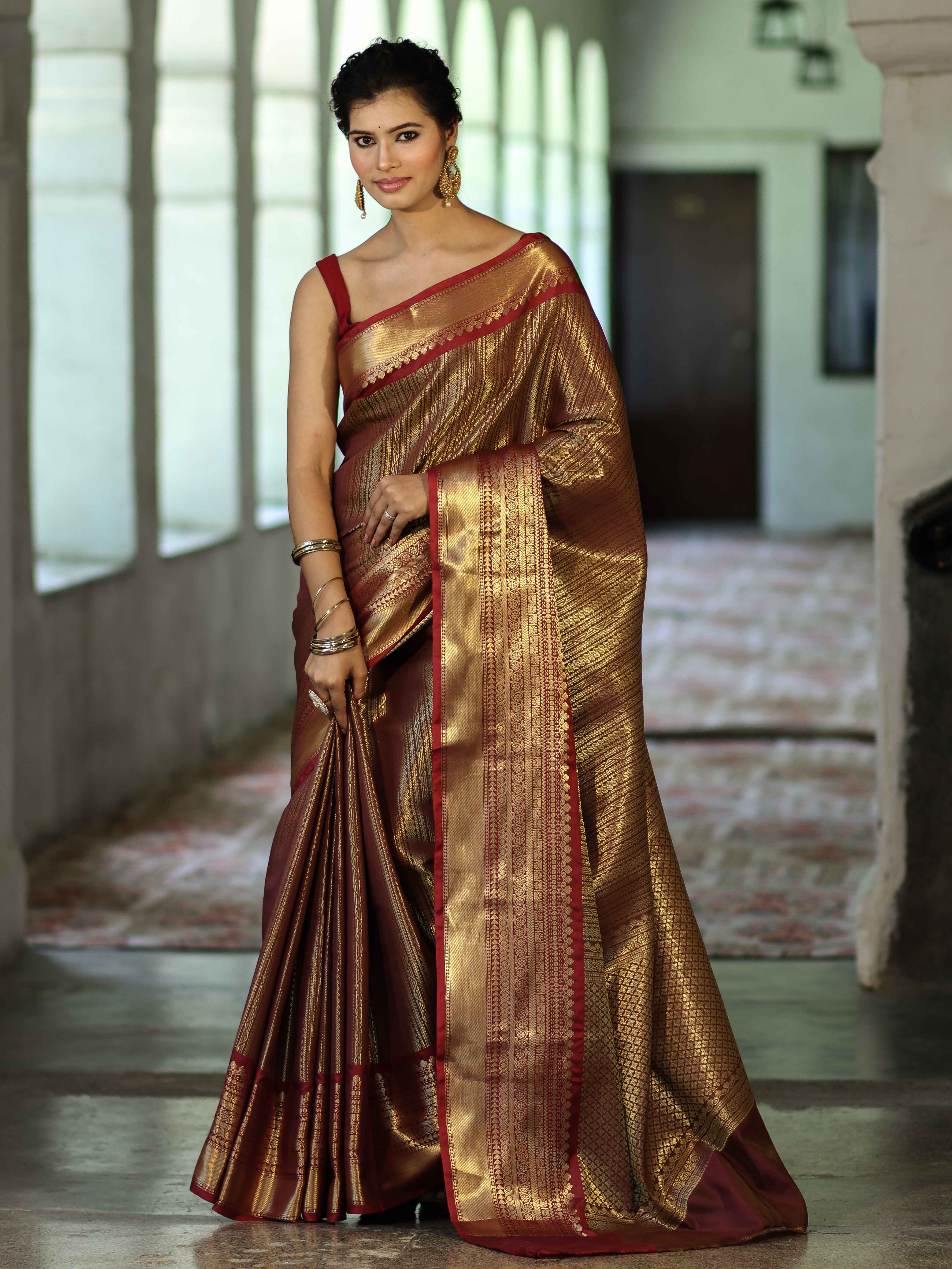 Banarasee Handwoven Soft Tissue Saree With Zari Design-Maroon & Gold