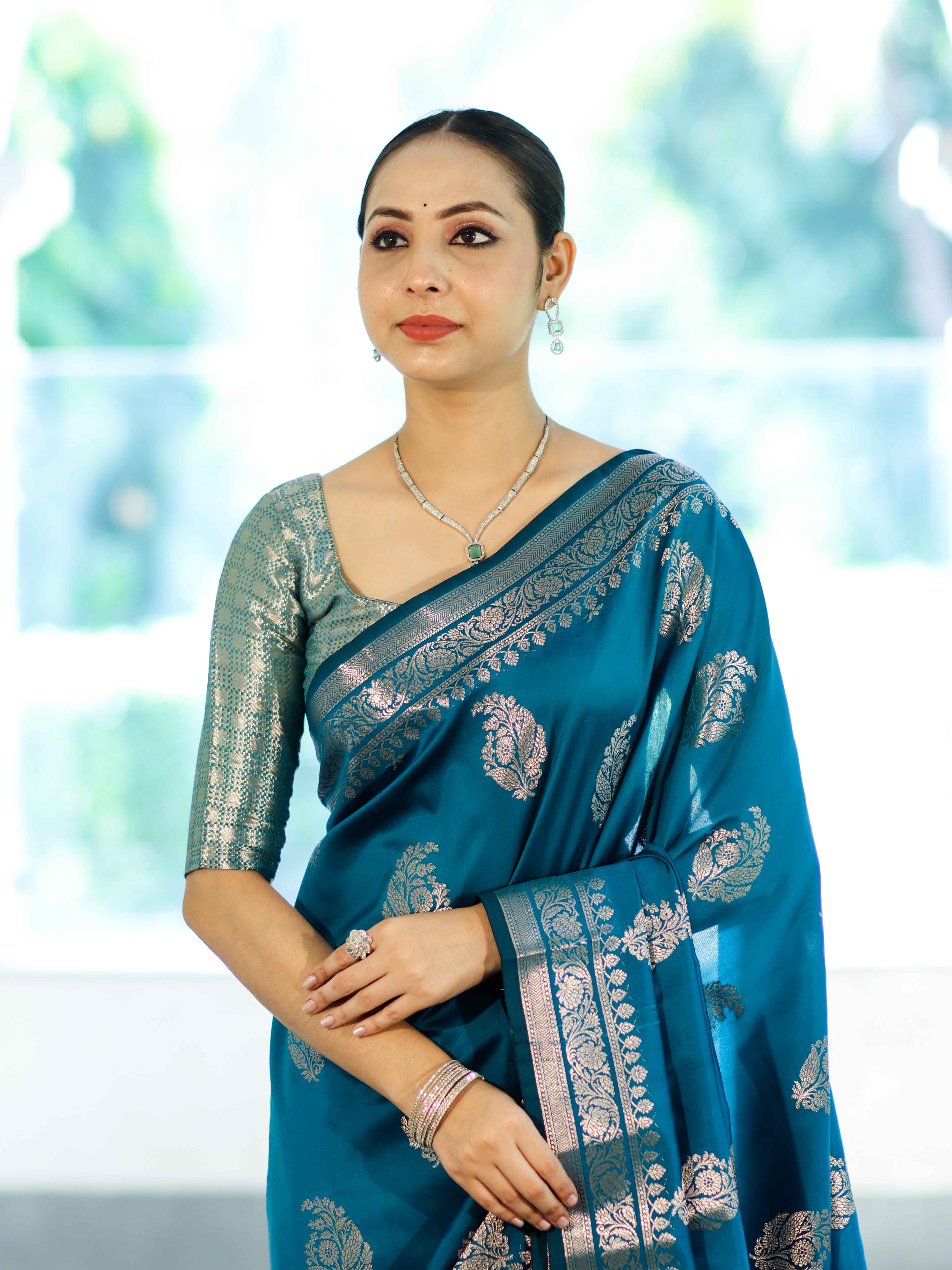 Banarasee Handloom Semi Silk Saree With Zari Buta Work & Border-Turquoise Blue