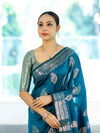 Banarasee Handloom Semi Silk Saree With Zari Buta Work & Border-Turquoise Blue