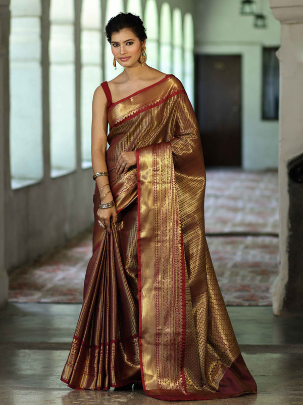 Banarasee Handwoven Soft Tissue Saree With Zari Design-Maroon & Gold