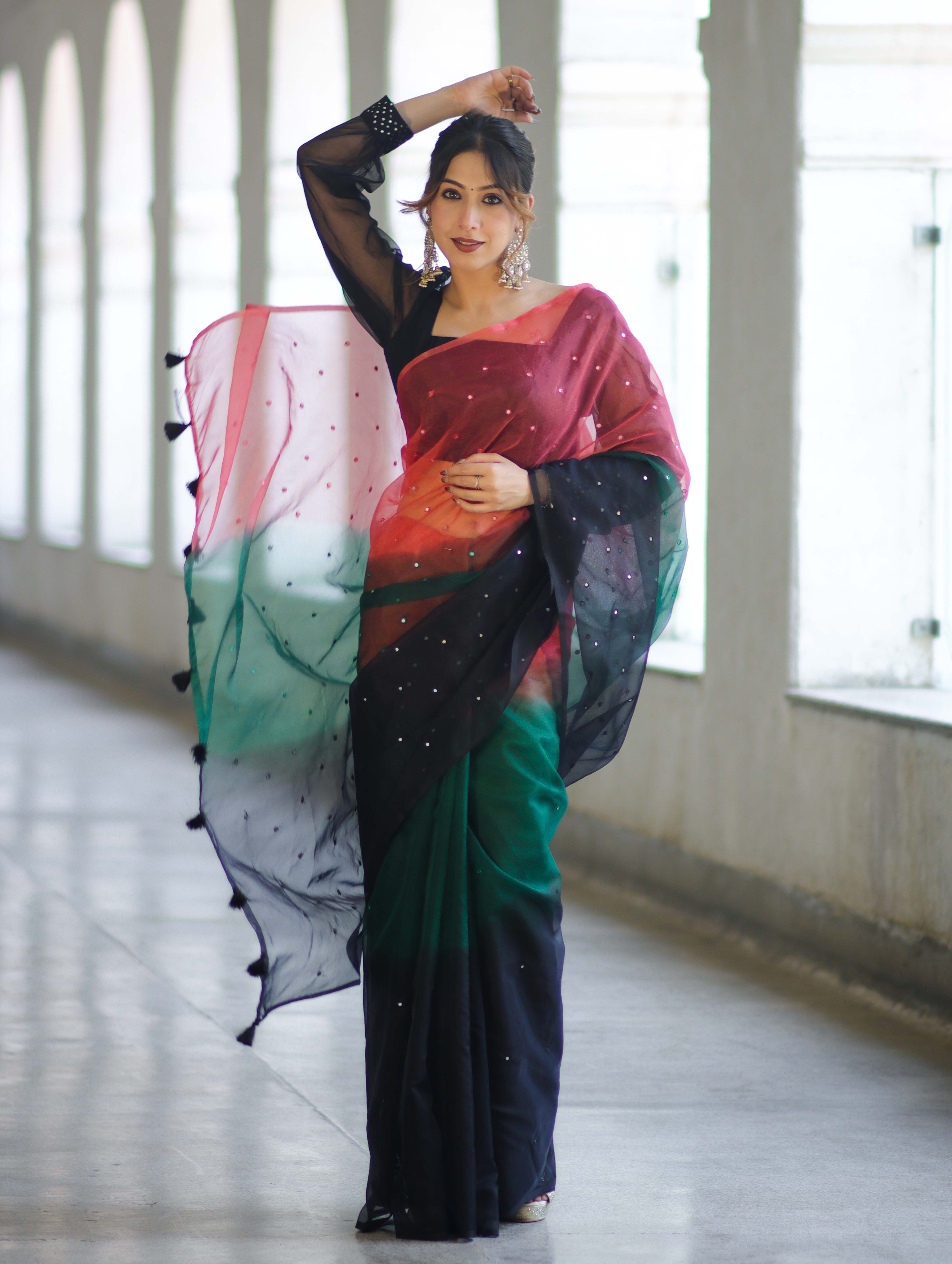 Banarasee Handwoven Organza Mix Saree With Mirror Work-Multicolor