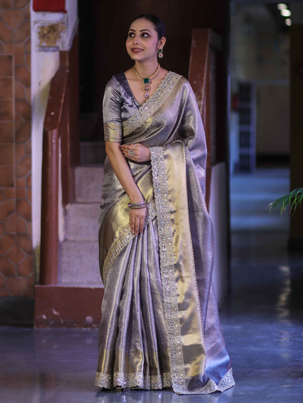 Banarasee Handloom Tissue Saree With Zari Woven Design & Contrast Lace Border-Grey (Silver Tone)