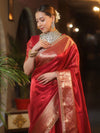 Banarasee Handwoven Plain Tissue Saree With Zari Border & Lace-Red