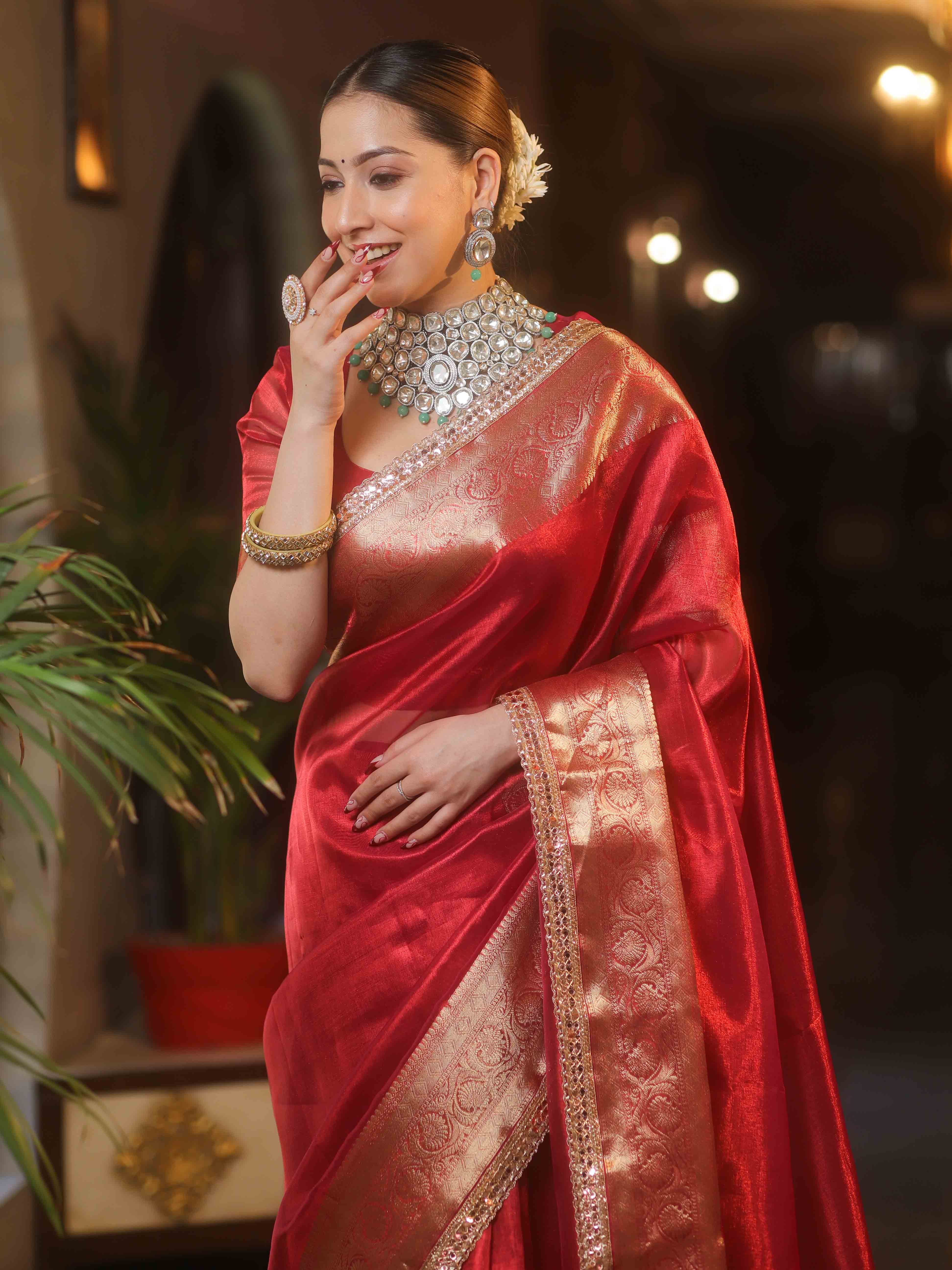 Banarasee Handwoven Plain Tissue Saree With Zari Border & Lace-Red