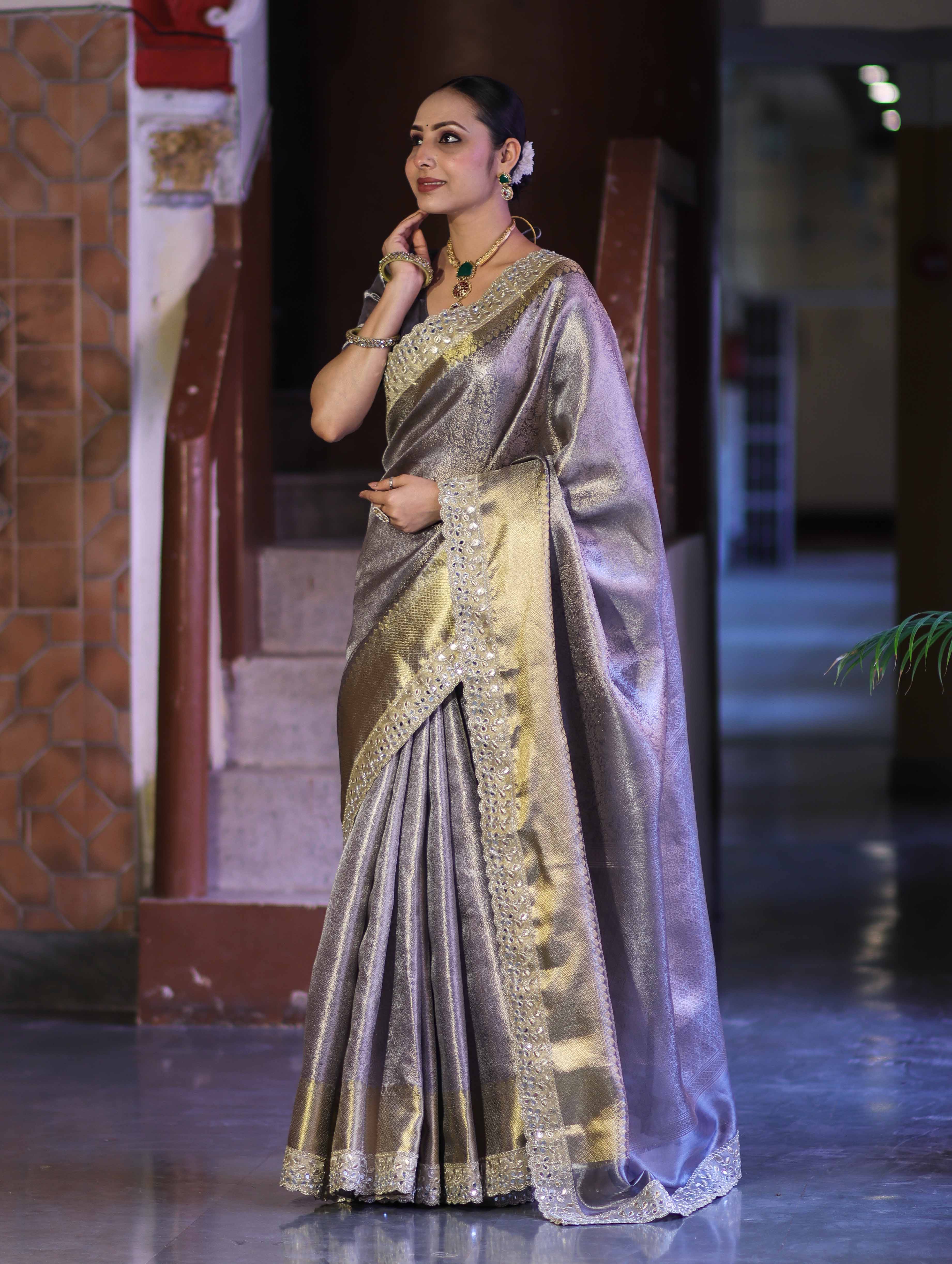 Banarasee Handloom Tissue Saree With Zari Woven Design & Contrast Lace Border-Grey (Silver Tone)