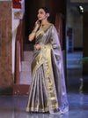 Banarasee Handloom Tissue Saree With Zari Woven Design & Contrast Lace Border-Grey (Silver Tone)