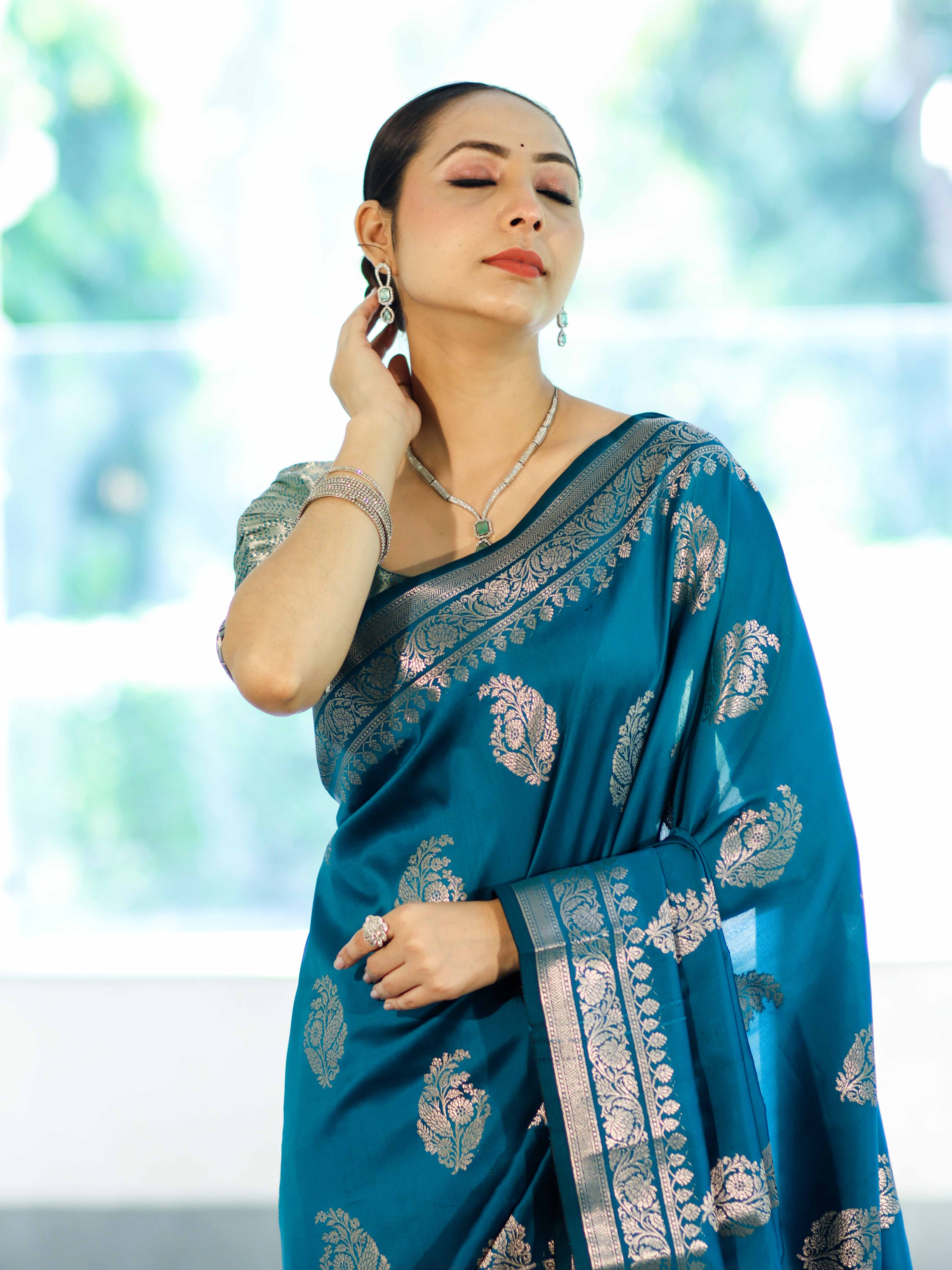 Banarasee Handloom Semi Silk Saree With Zari Buta Work & Border-Turquoise Blue