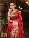 Banarasee Handwoven Plain Tissue Saree With Zari Border & Lace-Red
