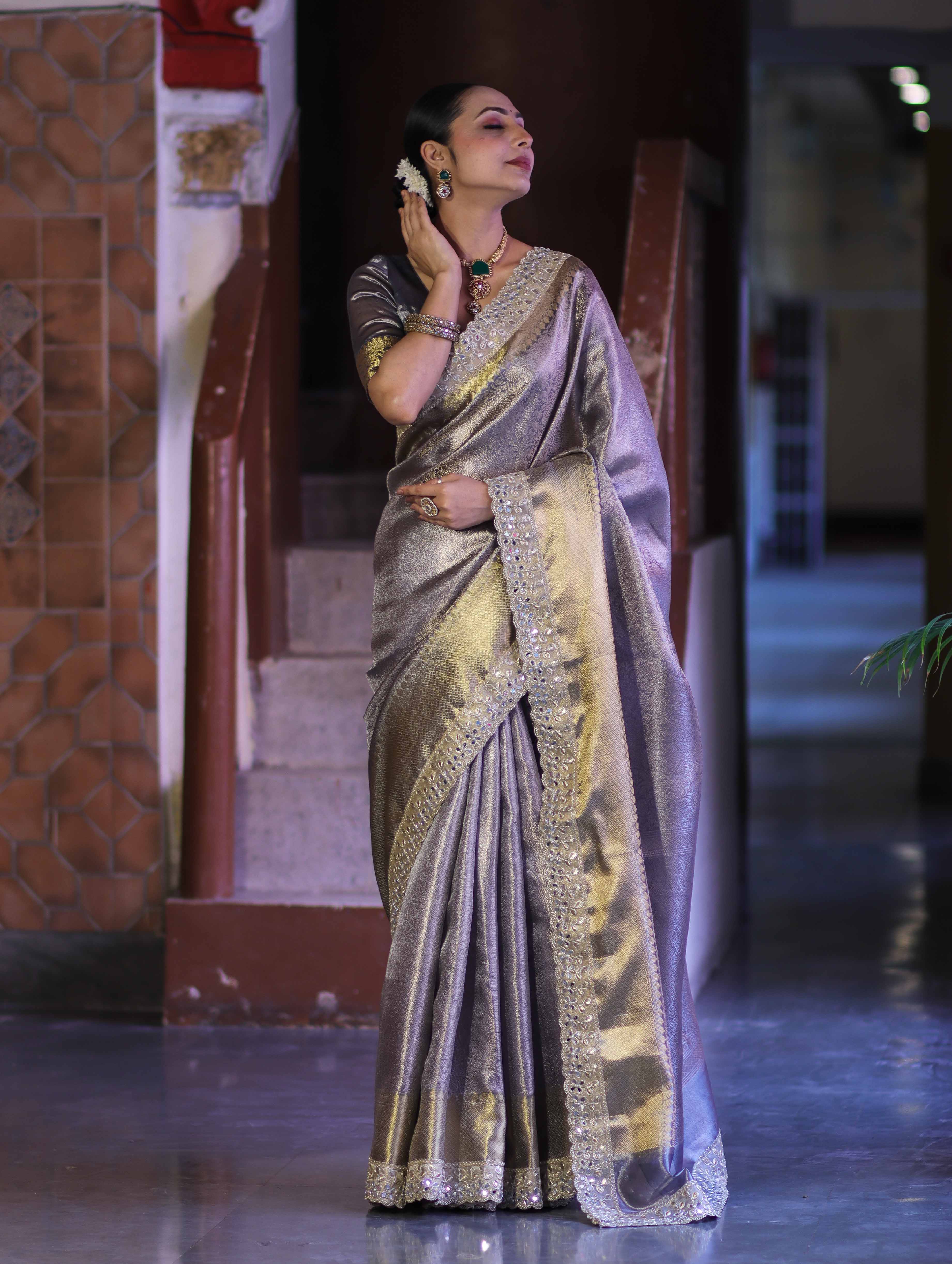 Banarasee Handloom Tissue Saree With Zari Woven Design & Contrast Lace Border-Grey (Silver Tone)
