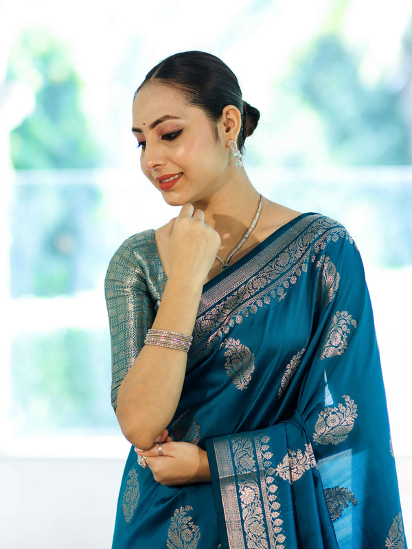Banarasee Handloom Semi Silk Saree With Zari Buta Work & Border-Turquoise Blue
