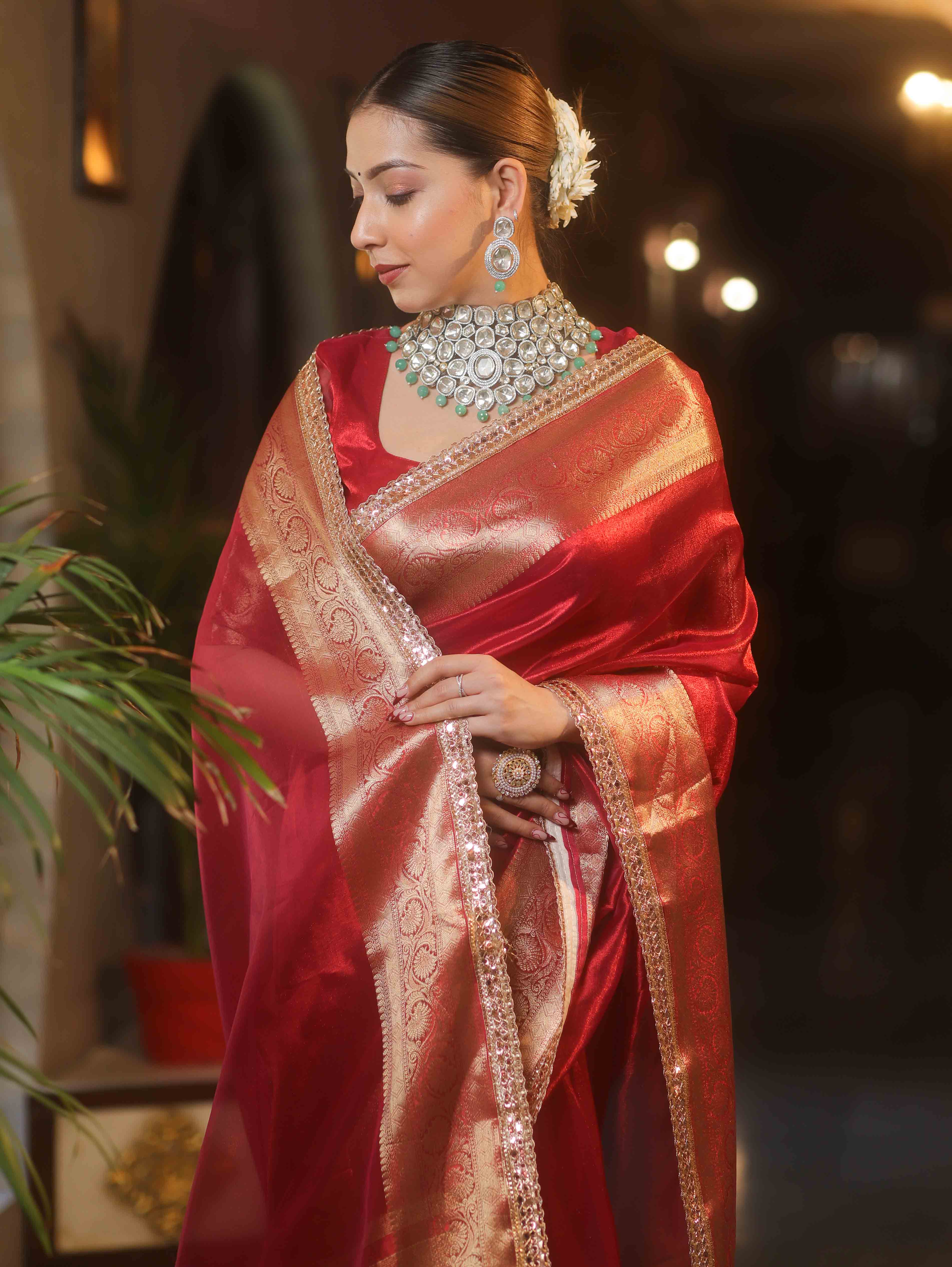 Banarasee Handwoven Plain Tissue Saree With Zari Border & Lace-Red