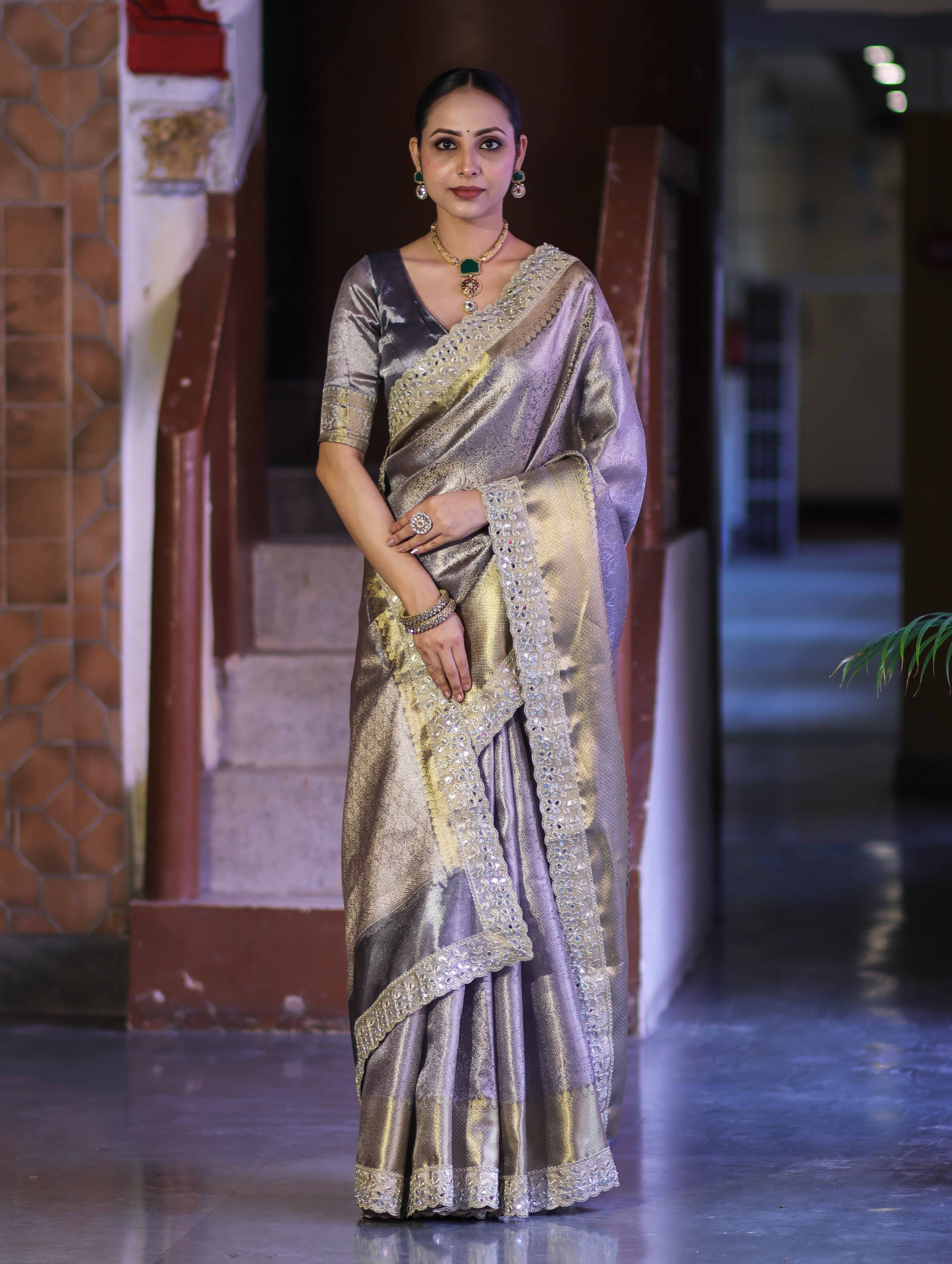 Banarasee Handloom Tissue Saree With Zari Woven Design & Contrast Lace Border-Grey (Silver Tone)