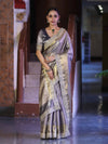 Banarasee Handloom Tissue Saree With Zari Woven Design & Contrast Lace Border-Grey (Silver Tone)
