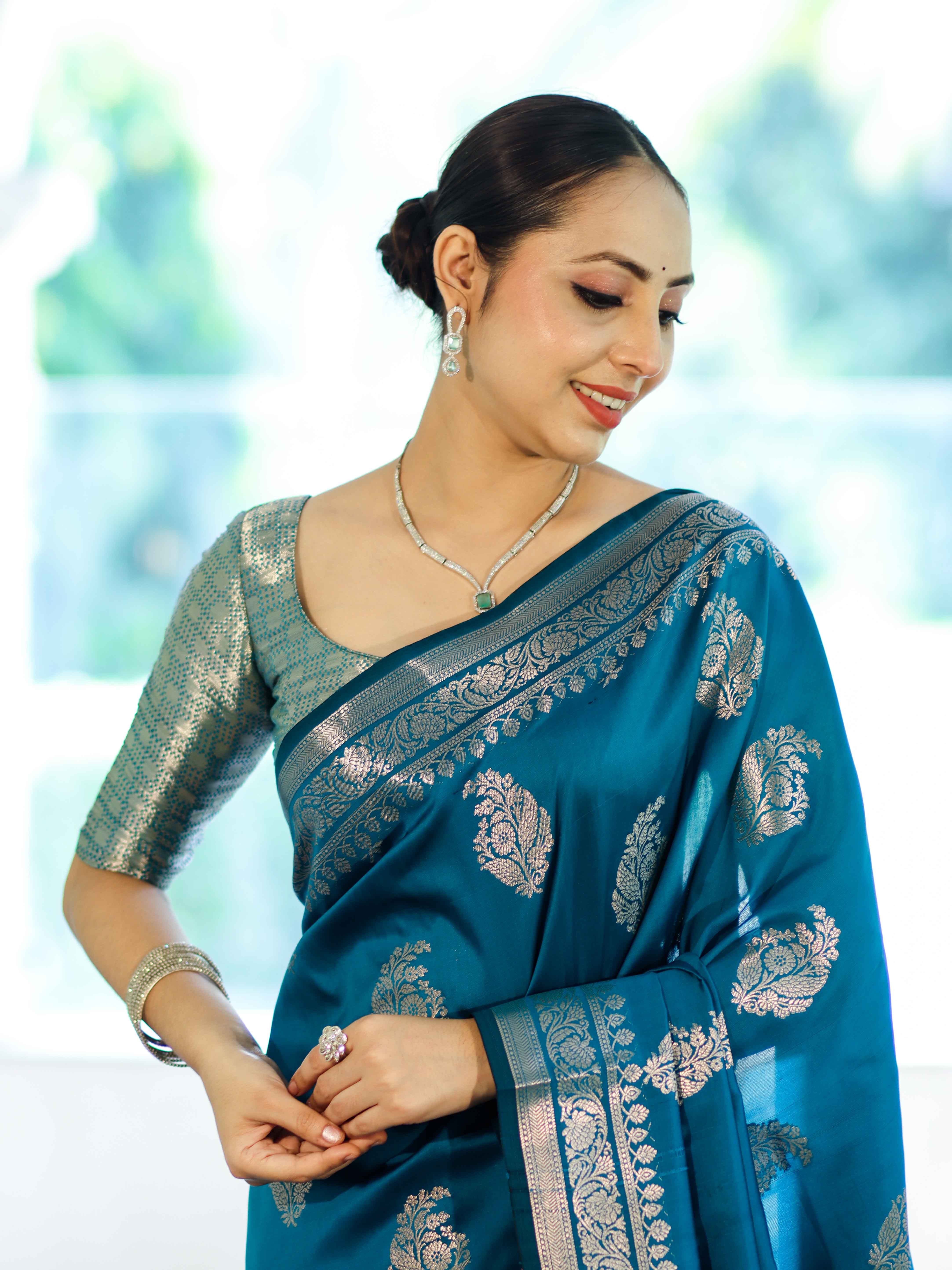 Banarasee Handloom Semi Silk Saree With Zari Buta Work & Border-Turquoise Blue