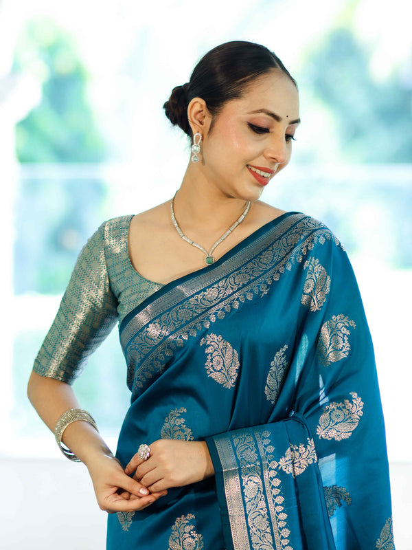 Banarasee Handloom Semi Silk Saree With Zari Buta Work & Border-Turquoise Blue
