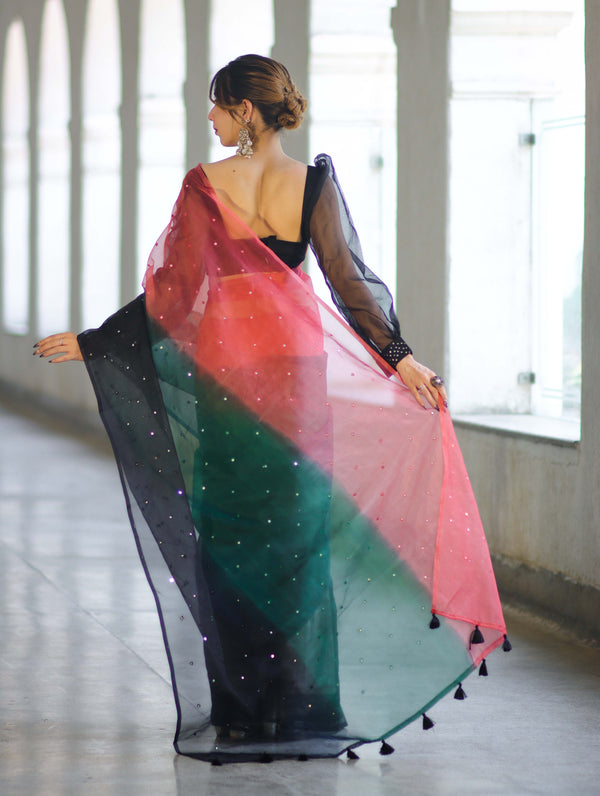 Banarasee Handwoven Organza Mix Saree With Mirror Work-Multicolor