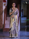 Banarasee Handloom Tissue Saree With Zari Woven Design & Contrast Lace Border-Grey (Silver Tone)