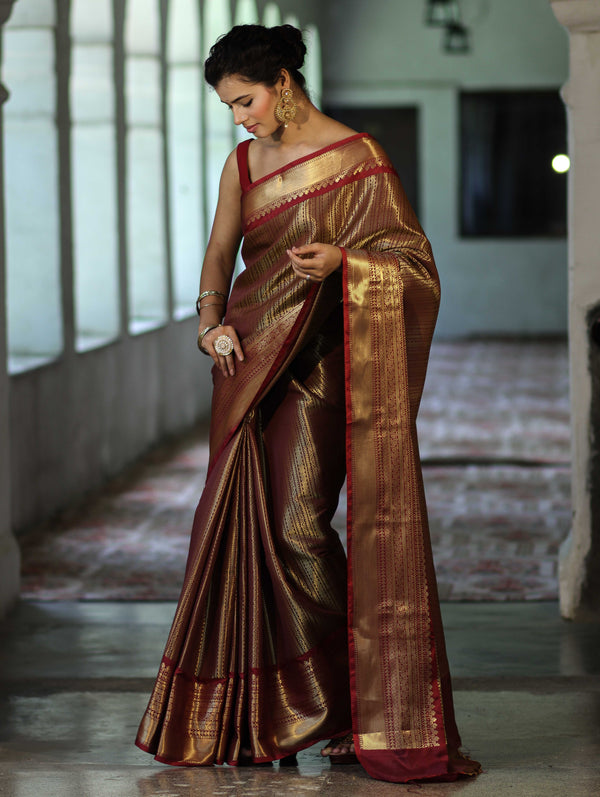Banarasee Handwoven Soft Tissue Saree With Zari Buti Design-Maroon & Gold